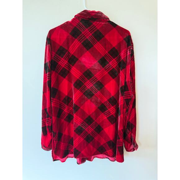 Coldwater Creek Shirt Women XL Red Black Plaid Velvet Tunic Rayon Silk Button Up - Picture 2 of 8